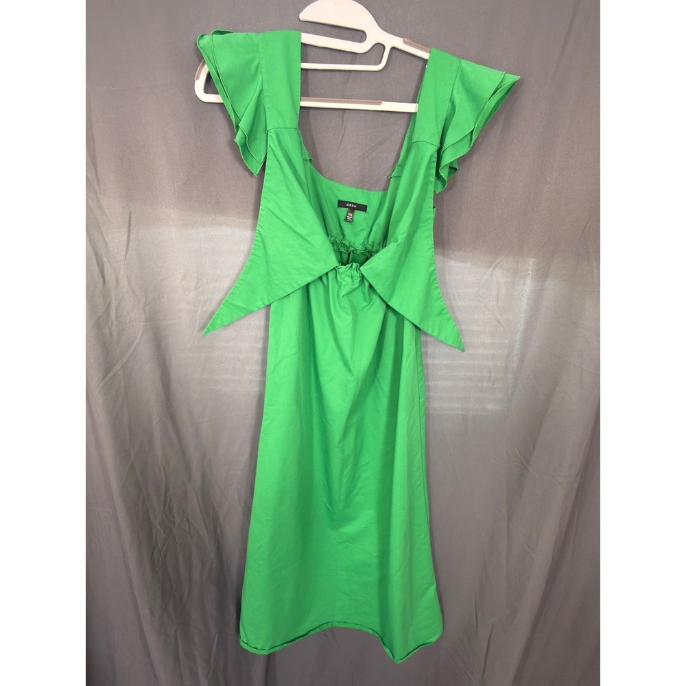 Drew Green Ruffle Shoulder Square Neck Cotton Poplin Midi Dress XS